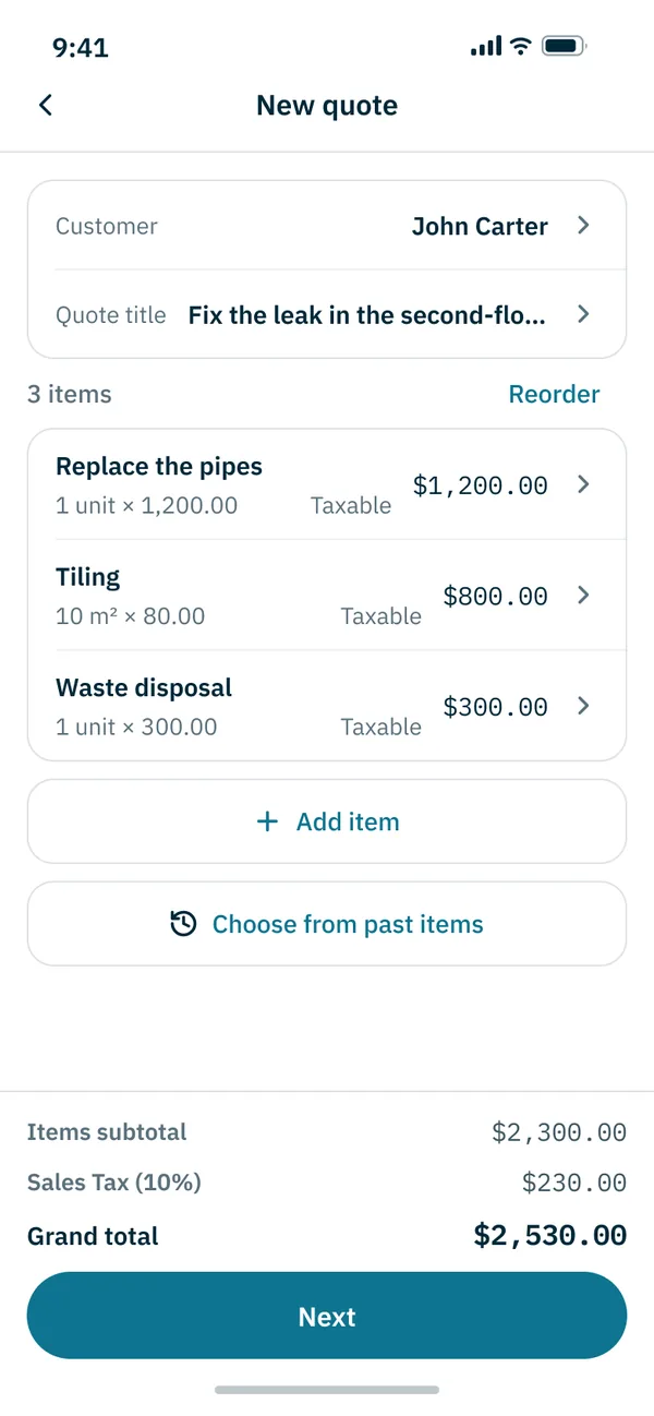The app’s new quote screen — customer, title, three items and totals