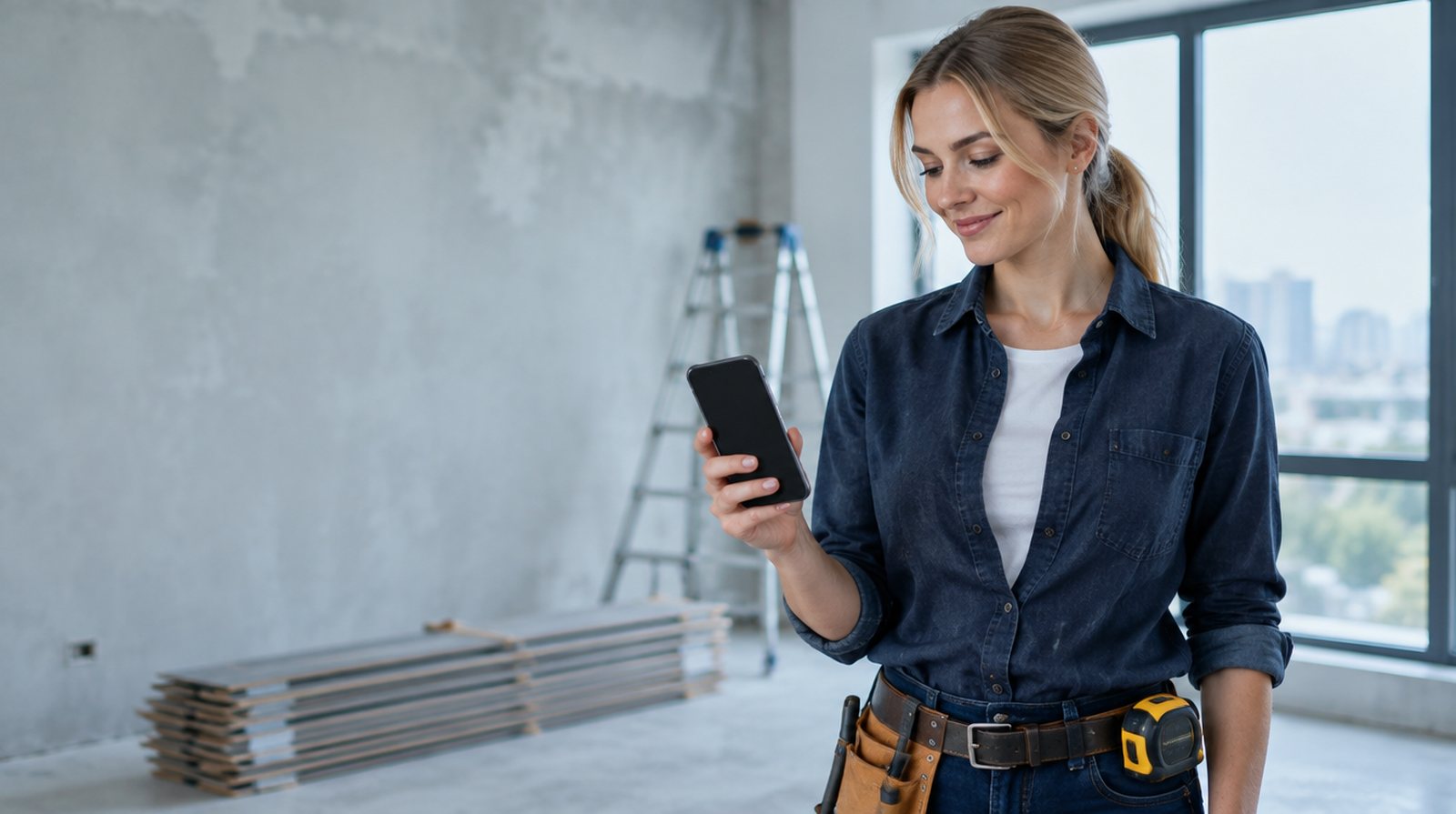 An interior renovation business owner checking a quote on her phone at the job site